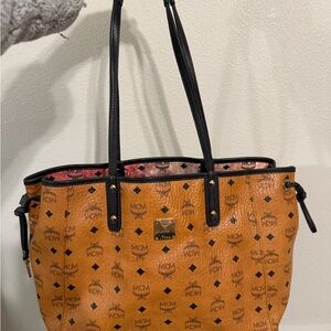 MCM Cognac and Black Logo Tote